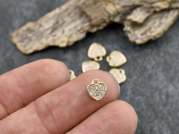 Gold Charms - Heart Charms - Metal Charms - Rhinestone Charms - Micro Pave - Cubic Zirzonia - 8x7mm - 10pcs (2964)