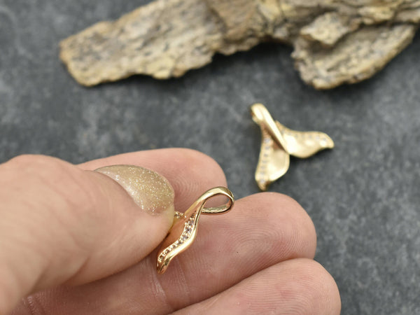 Gold Charms - Whale Tail Charms - Metal Charms - Rhinestone Charms - Micro Pave - Cubic Zirzonia - 15x16mm - 5pcs (895)