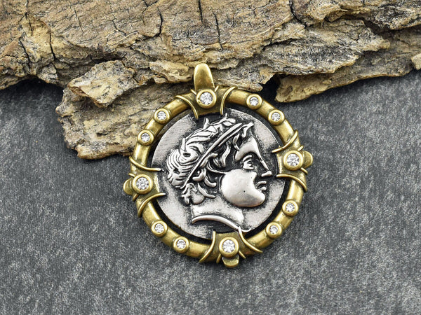 Roman Coin Pendants - Metal Pendants - Rhinestone Pendant - Micro Pave - Cubic Zirzonia - 39x27mm - (3499)