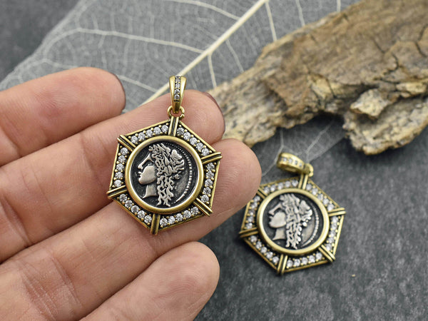 Gold Pendants - Metal Pendants - Rhinestone Pendant - Micro Pave - Cubic Zirzonia - 26x21mm - (165)