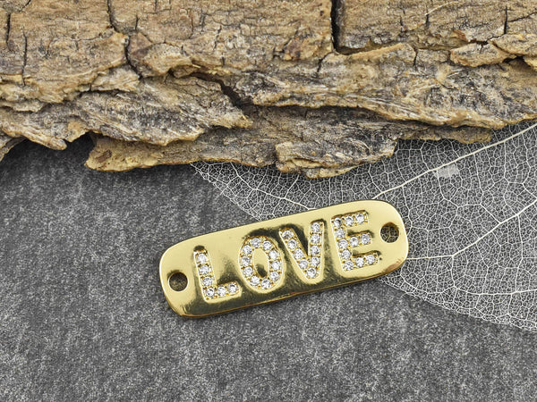 27x9mm 18k Gold Plated Micro Pave Cubic Zirconia Oval "Love" Link