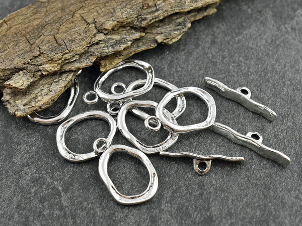 Toggle Clasps - Silver Toggle Clasp - Metal Clasp - Jewelry Clasp - Hammered Clasp - Bead Findings - 22x16mm - 10 Sets - (A125)