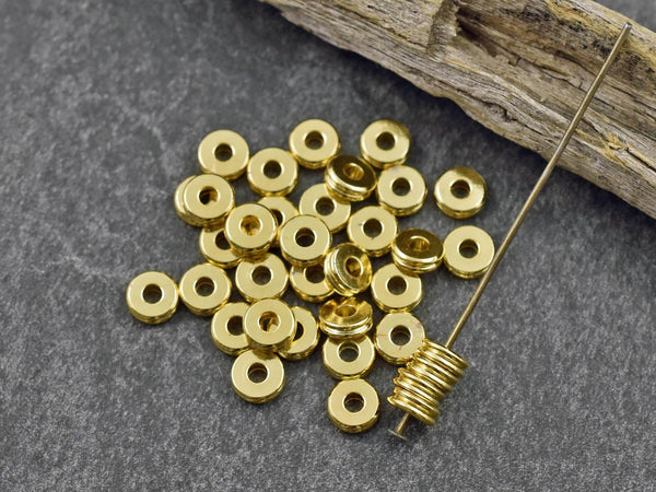 24k Gold Spacer Beads - Gold Heishi Beads - Metal Spacers - Metal Beads - Spacer Beads - 50pcs - 6x2mm - (5652)