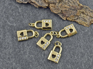 Gold Charms - Padlock Charms - Metal Charms - Rhinestone Charms - Micro Pave - Cubic Zirzonia - 18x10mm - 5pcs (4686)