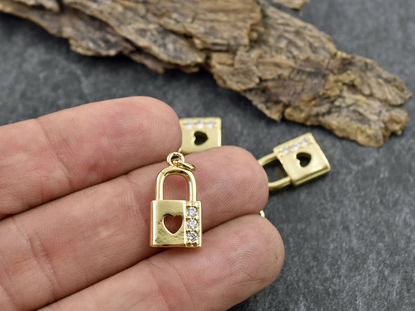 Gold Charms - Padlock Charms - Metal Charms - Rhinestone Charms - Micro Pave - Cubic Zirzonia - 18x10mm - 5pcs (4686)