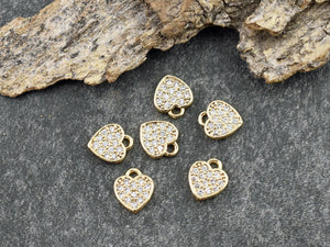 Gold Charms - Heart Charms - Metal Charms - Rhinestone Charms - Micro Pave - Cubic Zirzonia - 8x7mm - 10pcs (2964)