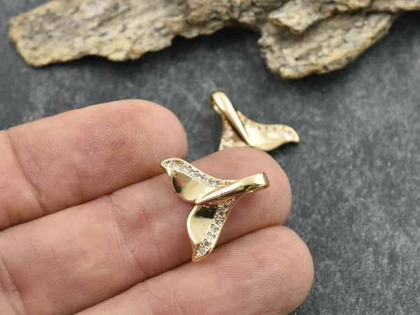 Gold Charms - Whale Tail Charms - Metal Charms - Rhinestone Charms - Micro Pave - Cubic Zirzonia - 15x16mm - 5pcs (895)