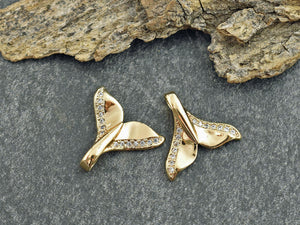 Gold Charms - Whale Tail Charms - Metal Charms - Rhinestone Charms - Micro Pave - Cubic Zirzonia - 15x16mm - 5pcs (895)