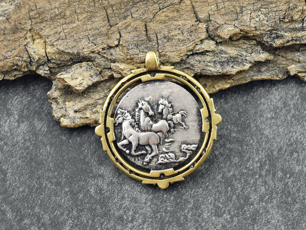 Roman Coin Pendants - Metal Pendants - Rhinestone Pendant - Micro Pave - Cubic Zirzonia - 39x27mm - (3499)