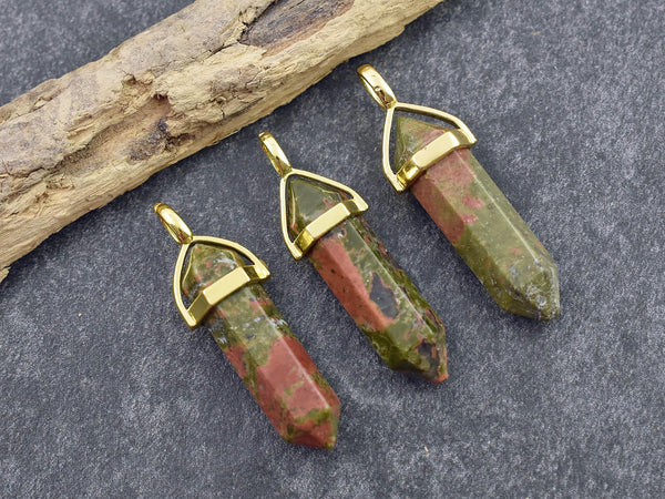 Gemstone Point Pendant - Hexagon Pendant - Unakite Pendant - 40mm - (6074)