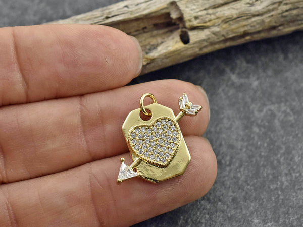 Gold Charms - Pave Charms - Rhinestone Charms - Heart Charms - 17x22mm - 1pc - (1314)