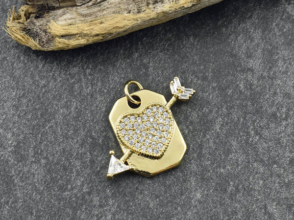 Gold Charms - Pave Charms - Rhinestone Charms - Heart Charms - 17x22mm - 1pc - (1314)