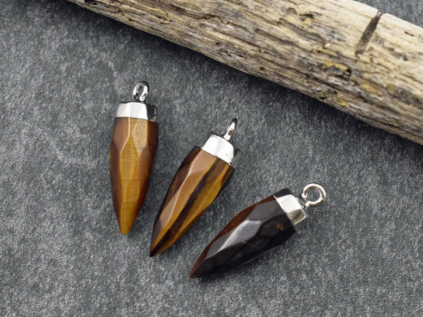 Tiger Eye Pendant - Gemstone Point Pendant - Gemstone Bullet Pendant - ~26-26mm - (A23)