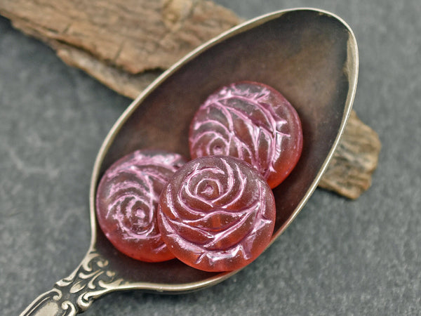 Flower Beads - Czech Glass Beads - Rose Beads - Flower Coin Bead - 17mm - 6pcs - (358)