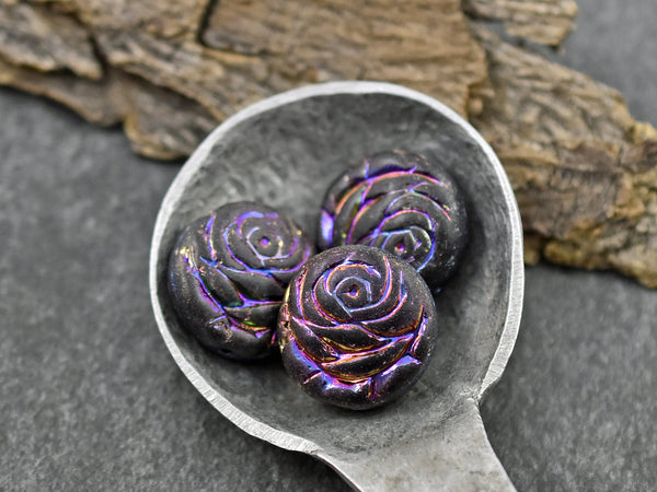 Floral Bead - Czech Glass Beads - Flower Beads - Rose Beads - Flower Coin Bead - 17mm - 6pcs - (4748)