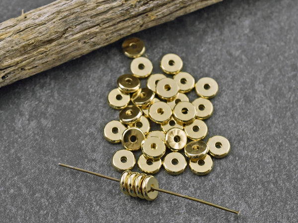 24k Gold Spacer Beads - Gold Heishi Beads - Metal Spacers - Metal Beads - Spacer Beads - 50pcs - 6x2mm - (346)