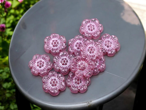 Wildflower Beads - Pink Flower Beads - Czech Glass Beads - Picasso Beads - Czech Glass Flowers - 14mm - 12pcs - (B855)