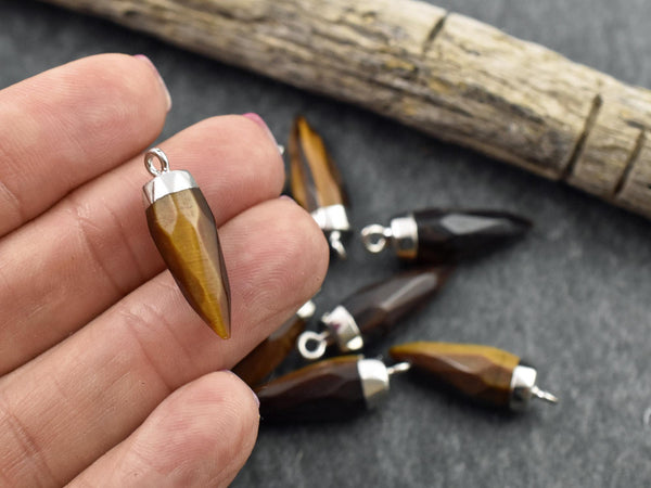 Tiger Eye Pendant - Gemstone Point Pendant - Gemstone Bullet Pendant - ~26-26mm - (A23)