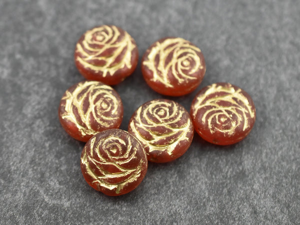 *6* 17mm Gold Washed Transparent Ruby Red Rose Coin Beads