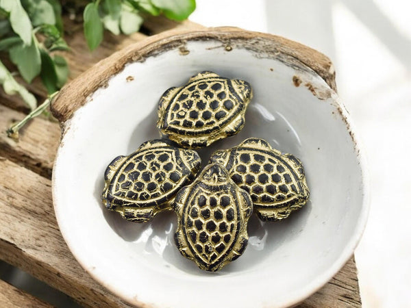 Turtle Beads - Czech Glass Beads - Picasso Beads - Tortoise Beads - 18x13mm - 4pcs - (587)