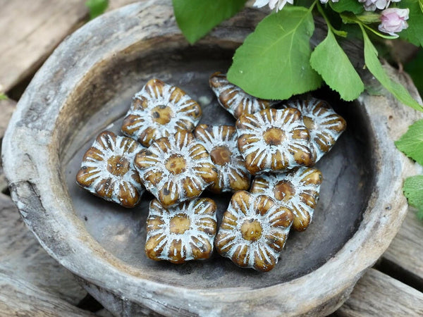 Picasso Beads - Flower Beads - Czech Glass Beads - Czech Glass Flowers - Square Flowers - 11mm Flower - 13pcs - (4387)