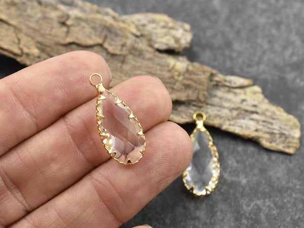 *2* 24x11mm 18k Gold Plated Brass Faceted Clear Glass Teardrop Pendants