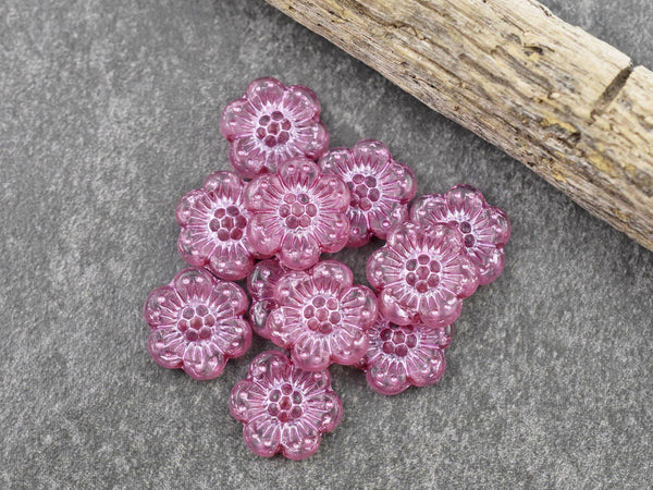 Wildflower Beads - Pink Flower Beads - Czech Glass Beads - Picasso Beads - Czech Glass Flowers - 14mm - 12pcs - (B855)