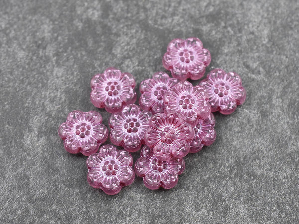 Wildflower Beads - Pink Flower Beads - Czech Glass Beads - Picasso Beads - Czech Glass Flowers - 14mm - 12pcs - (B855)