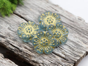 *6* 14mm Gold Washed Matte Aqua Wildflower Beads