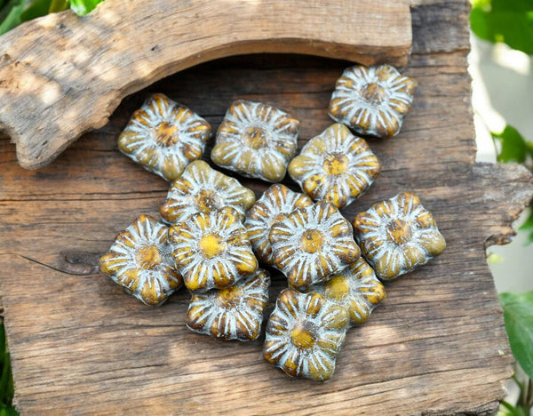 Flower Beads - Czech Glass Beads - Czech Glass Flowers - Picasso Beads - Square Flowers - 11mm Flower - 13pcs - (5892)