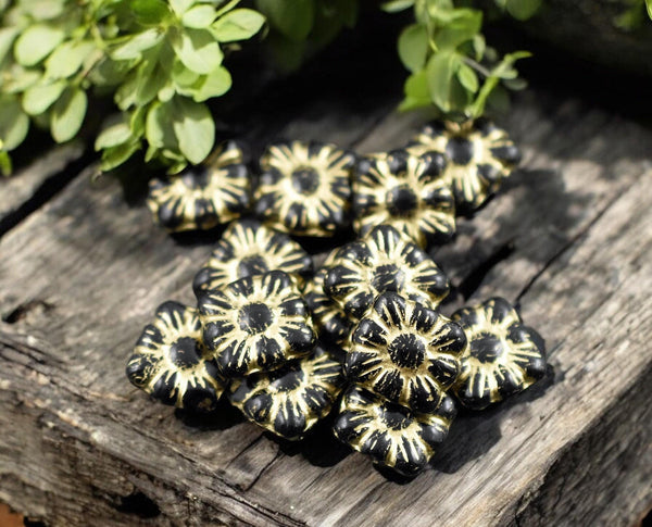 Flower Beads - Czech Glass Beads - Czech Glass Flowers - Picasso Beads - Square Flowers - 11mm Flower - 13pcs - (5580)