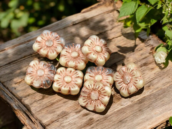 Czech Glass Beads - Flower Beads - Czech Glass Flowers - Picasso Beads - Square Flowers - 11mm Flower - 13pcs - (2128)