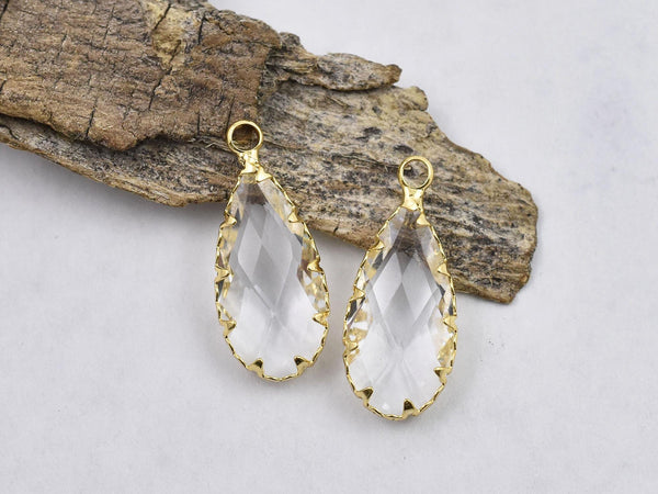 *2* 24x11mm 18k Gold Plated Brass Faceted Clear Glass Teardrop Pendants