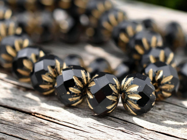 *25* 6x9mm Gold Washed Matte Jet Black Cruller Rondelle Beads