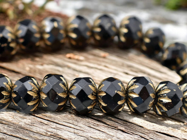 *25* 6x9mm Gold Washed Matte Jet Black Cruller Rondelle Beads