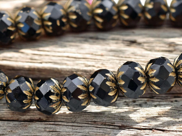 *25* 6x9mm Gold Washed Matte Jet Black Cruller Rondelle Beads