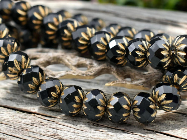 *25* 6x9mm Gold Washed Matte Jet Black Cruller Rondelle Beads