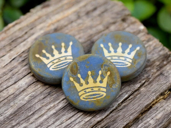 *4* 14mm Laser Etched Matte Blue Turquoise Picasso AB Crown Coin Beads