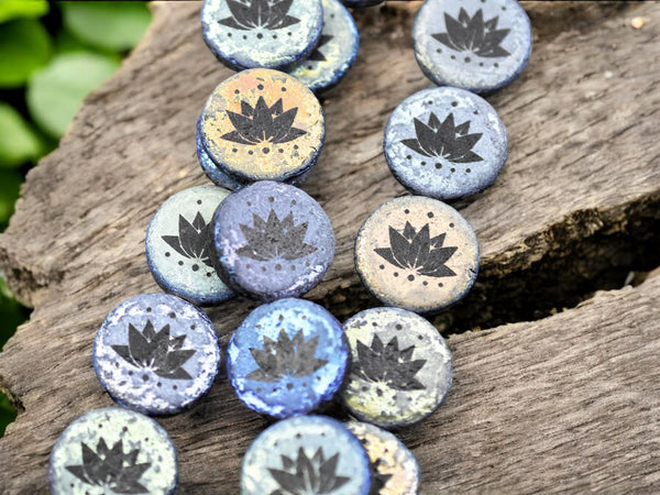 *4* 14mm Jet AB Acid Etched Lotus Flower Coin Beads