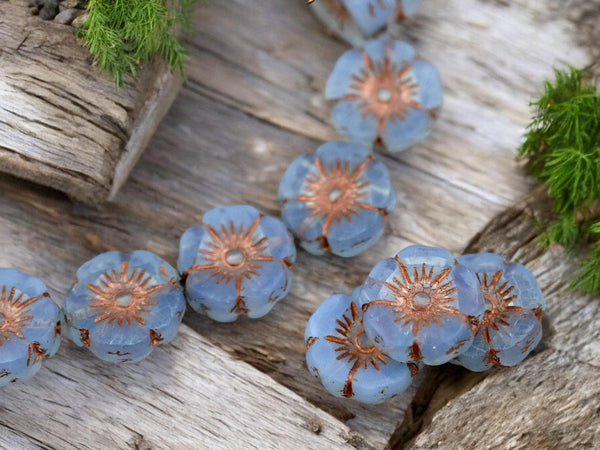 *6* 12mm Copper Inlayed Blue Opaline Carved Table Cut Flower Beads