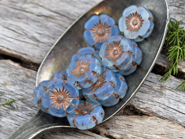 *6* 12mm Copper Inlayed Blue Opaline Carved Table Cut Flower Beads