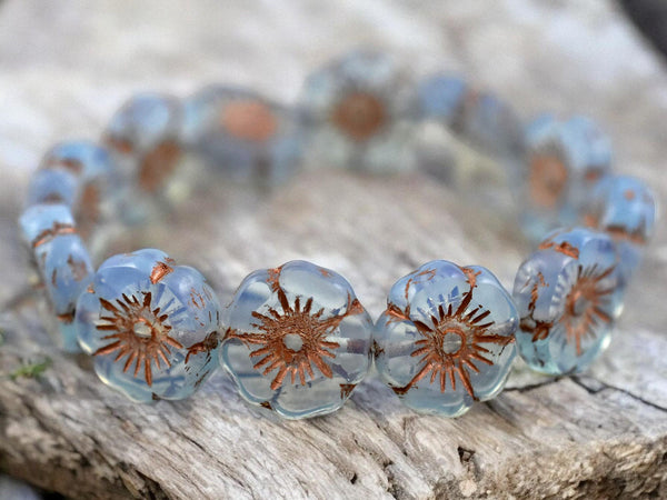 *6* 12mm Copper Inlayed Blue Opaline Carved Table Cut Flower Beads