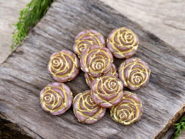 *6* 14mm Bronze Washed Pale Pink Rose Flower Beads