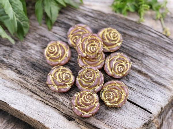 *6* 14mm Bronze Washed Pale Pink Rose Flower Beads