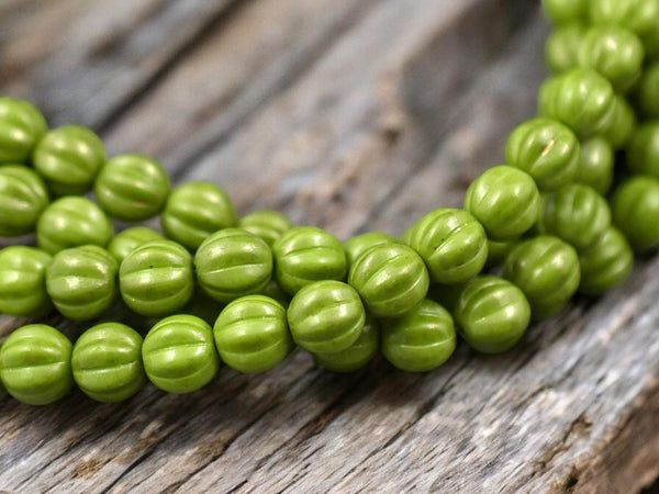 *25* 8mm Gold Flecked Opaque Olive Green Fluted Melon Round Beads