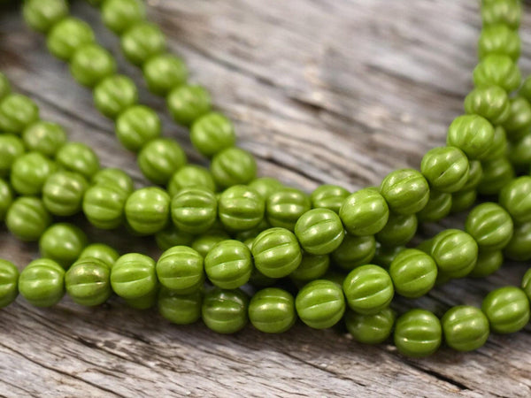 *25* 8mm Gold Flecked Opaque Olive Green Fluted Melon Round Beads