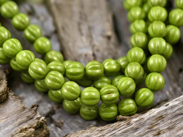 *25* 8mm Gold Flecked Opaque Olive Green Fluted Melon Round Beads