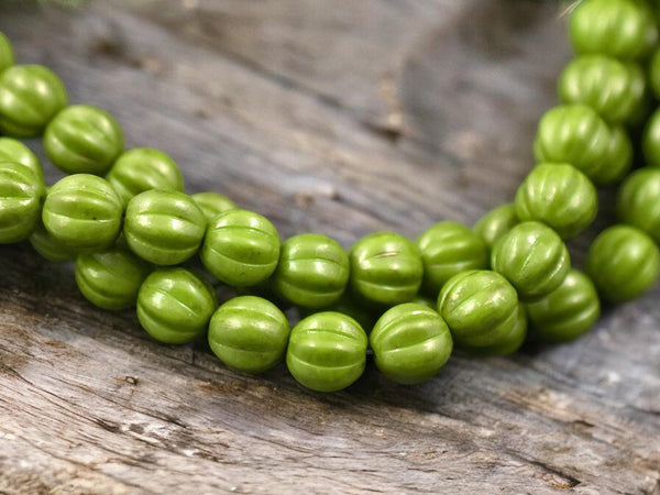 *25* 8mm Gold Flecked Opaque Olive Green Fluted Melon Round Beads