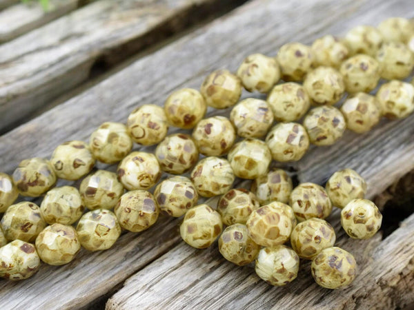 *16* 8mm Beige Opaline Picasso Fire Polished Round Beads