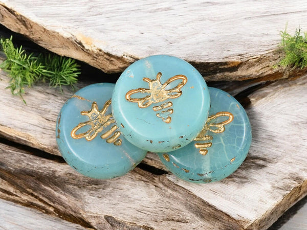 *12* 12mm Gold Washed Aqua Blue Vaseline Glass Bee Coin Beads